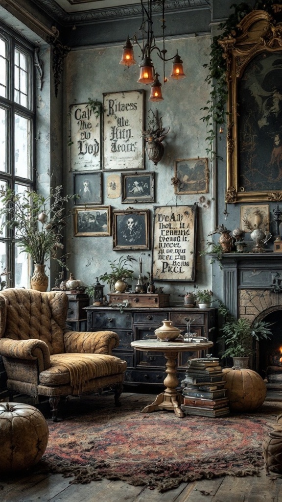 A cozy living room featuring antique furniture, including a vintage armchair, a rustic coffee table, and a beautifully patterned rug, all surrounded by eclectic decor.