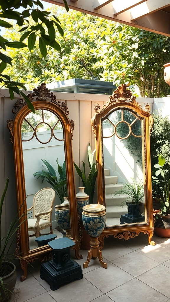 Two ornate antique mirrors positioned in a patio setting, surrounded by plants and decorative items.