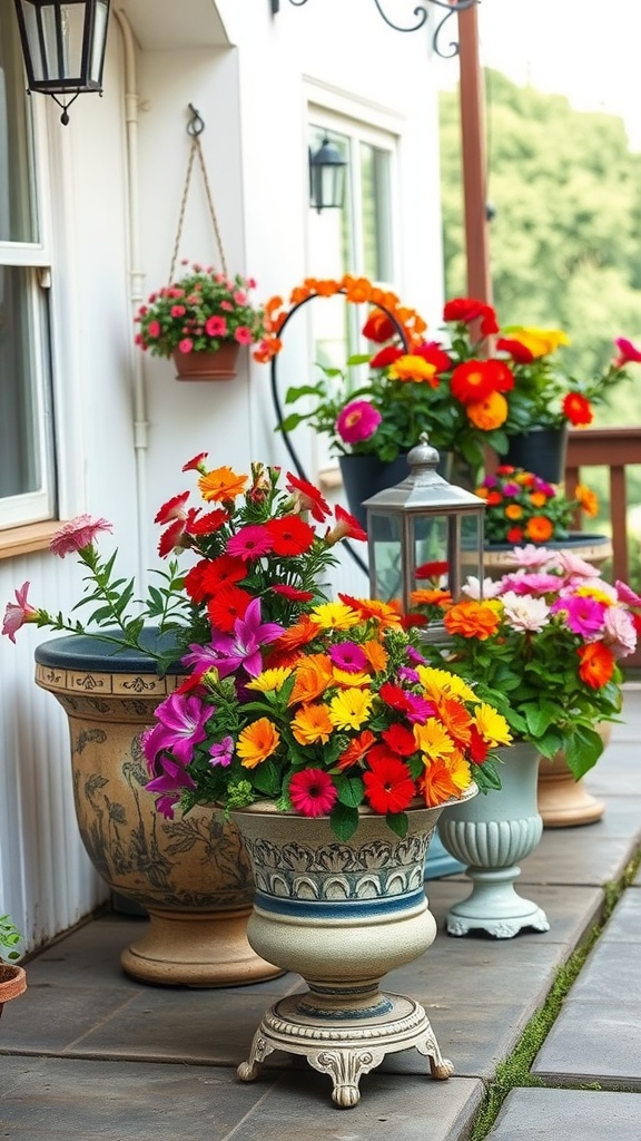 Colorful antique planters filled with flowers on a patio.