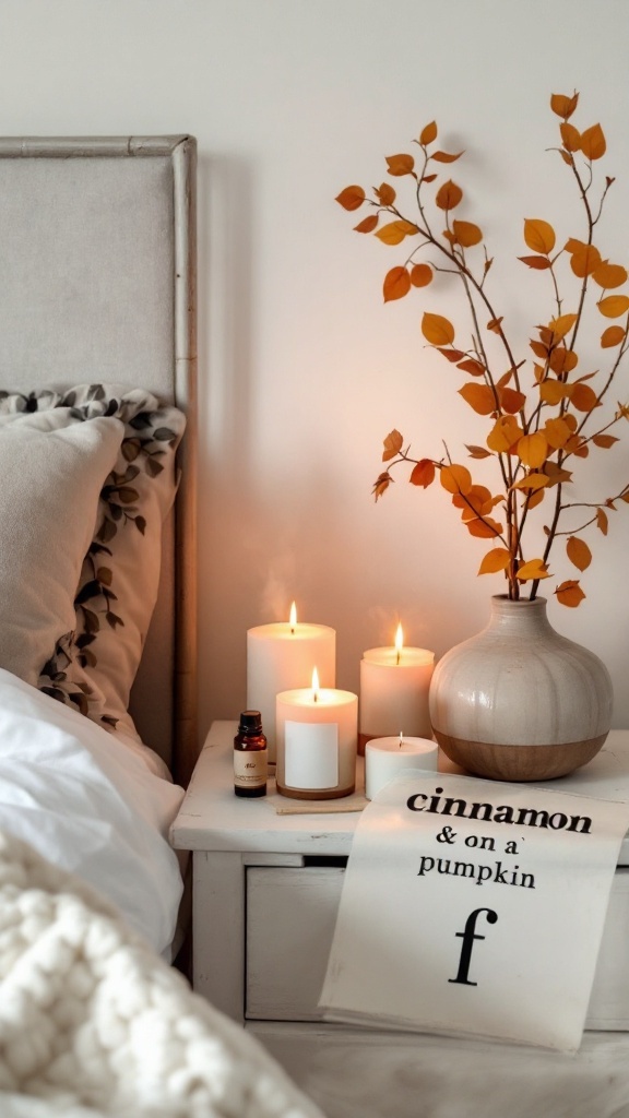 Cozy fall bedroom decor with candles and autumn leaves.