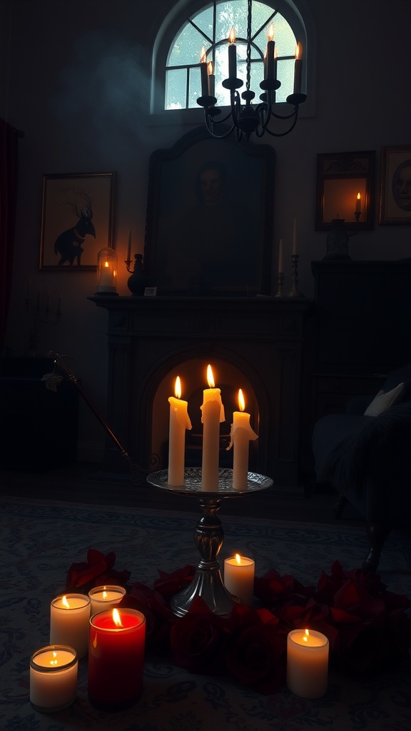 A dark living room with scented candles and roses creating a cozy atmosphere.