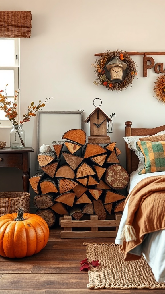 A cozy bedroom with a display of stacked firewood, a pumpkin, and autumn decor.