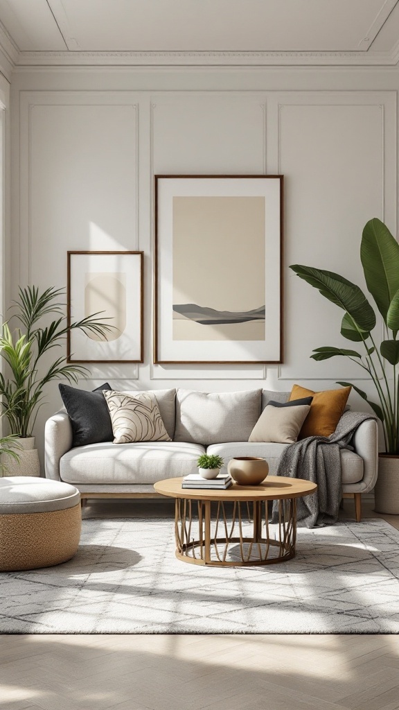 A stylish living room featuring a light sofa, wall art, and greenery for a fresh look.