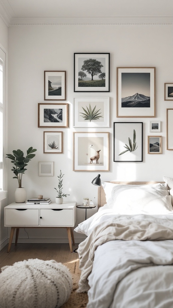 Gallery wall displays with various framed artwork in a Scandinavian bedroom