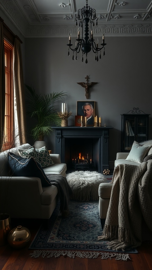 A cozy gothic maximalism living room with layered textiles and throws.