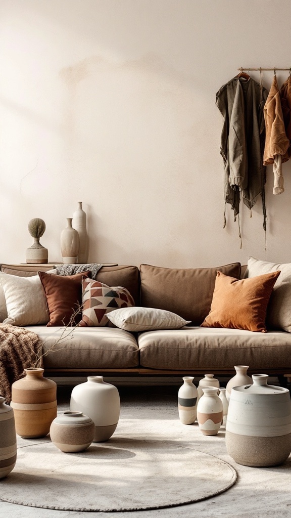 A cozy living room with artisan crafted decor, featuring handmade vases and warm textiles.