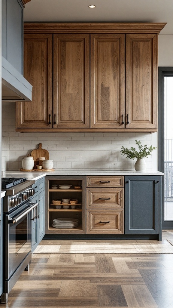 Artisan handcrafted kitchen cabinets with wooden finish and open shelving.