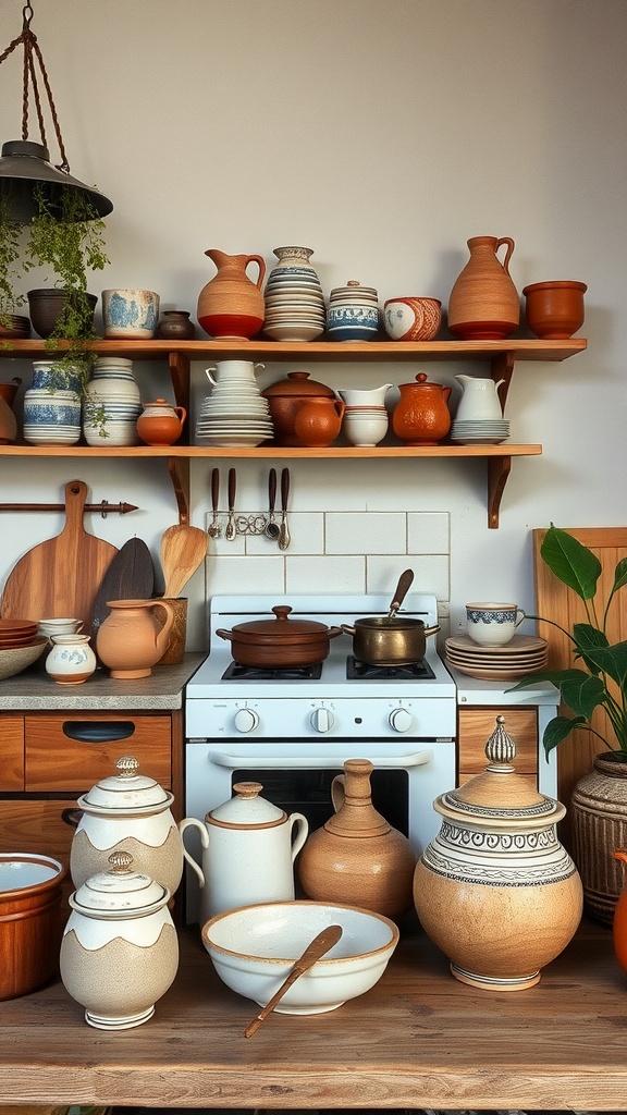 A boho kitchen with various artisan pottery pieces displayed on shelves and a wooden countertop.