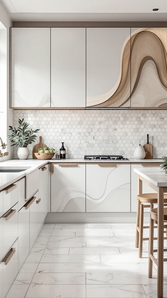 A modern kitchen featuring artistic cabinet designs with wavy wood accents and sleek white surfaces.