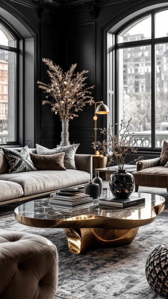 A stylish artistic coffee table with a gold base and marble top in a luxurious living room setting.