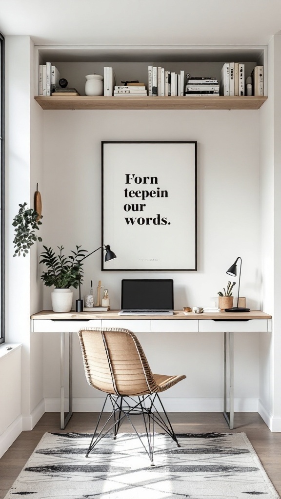 Scandinavian home office with a Murphy desk, featuring books, plants, and a minimalist aesthetic.