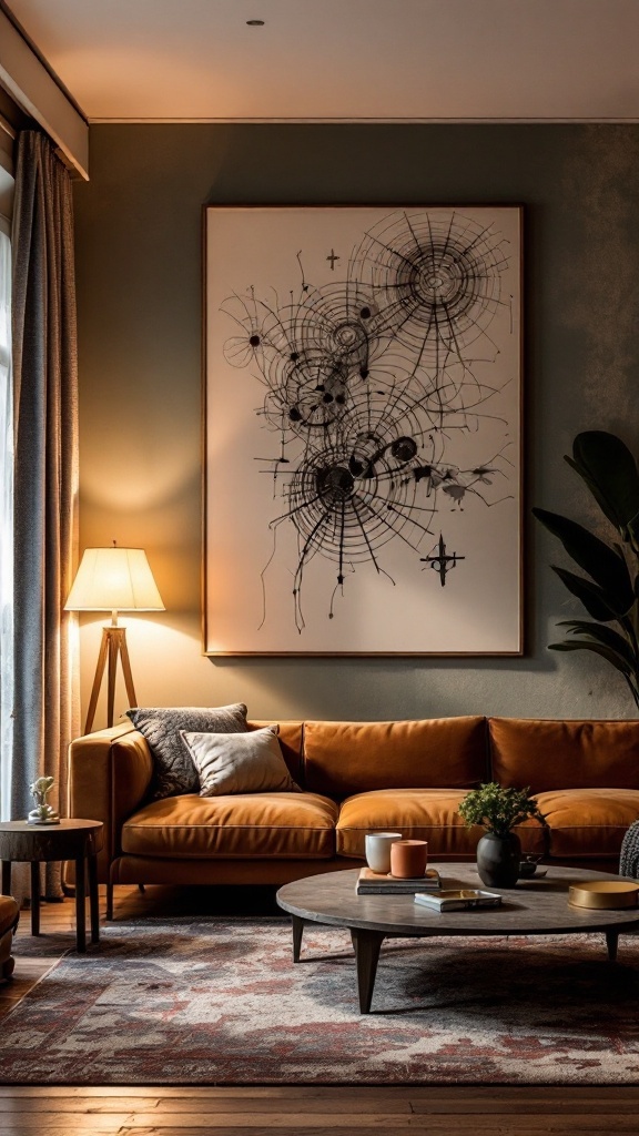 A cozy living room featuring an artistic floor lamp, a rich orange sofa, and an abstract wall art.