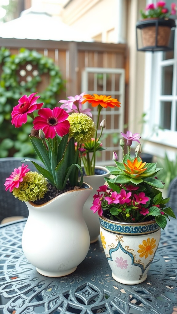 Colorful planters with various flowers on a patio table.