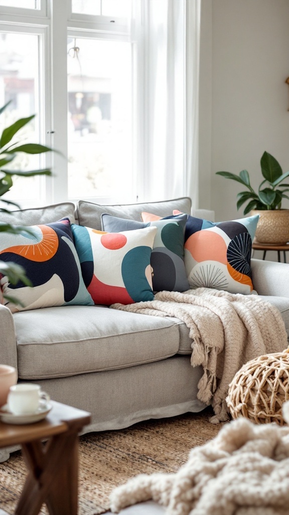 A cozy living room sofa adorned with colorful artistic throw pillows.