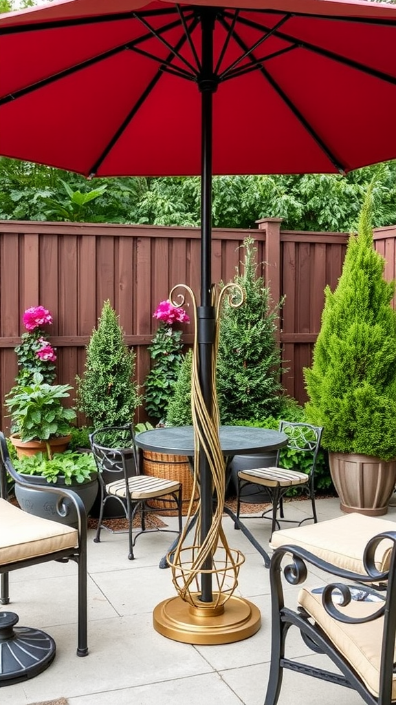 A patio with a vibrant orange umbrella, a glass table, and stylish chairs surrounded by lush greenery.