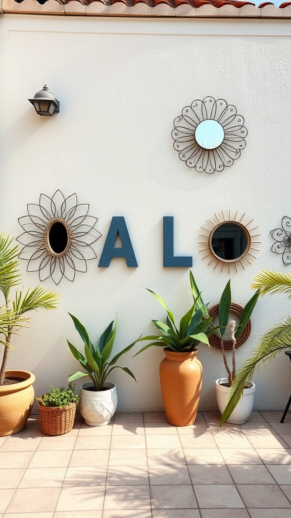 Decorative wall with mirrors, plants, and letters.