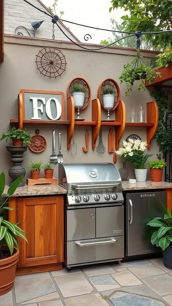 Outdoor kitchen with artistic wall decor, including shelves and plants