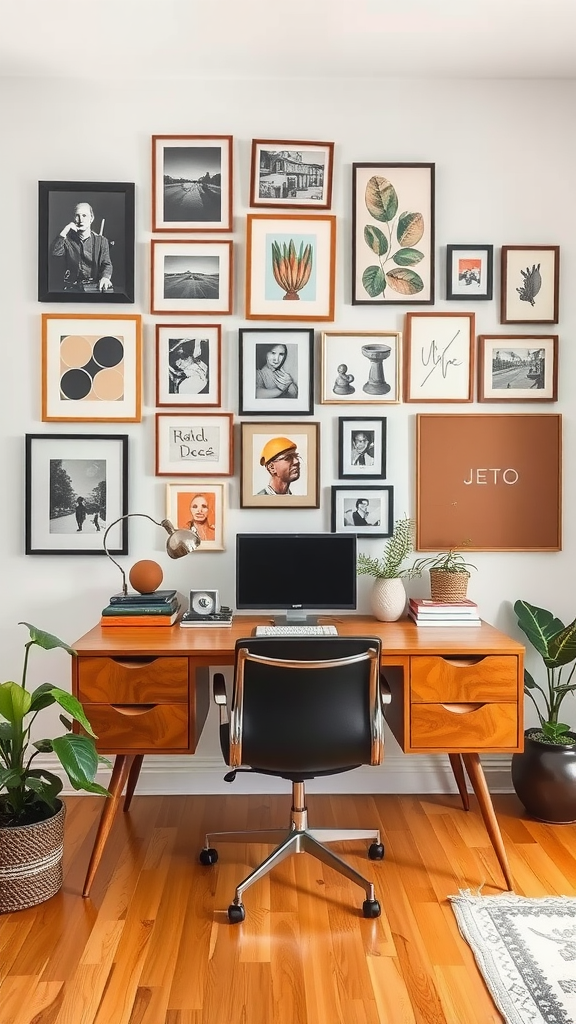 A stylish home office featuring a wall of framed art and photos above a wooden desk.