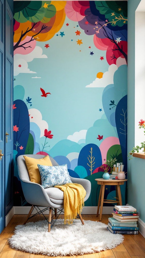 Colorful mural featuring trees and birds behind a cozy reading nook with a chair and a rug.