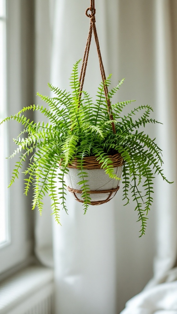 A hanging pot with an asparagus fern, showcasing its delicate feathery leaves.