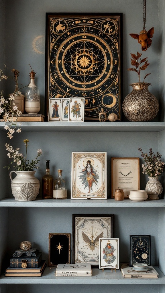 A shelf decorated with astrology and tarot items, including cards, star charts, and decorative vases.