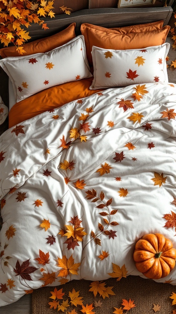 Cozy fall bedroom with bedding featuring autumn leaves and warm colors.