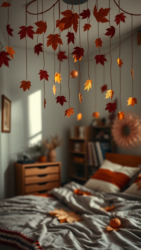 A cozy bedroom decorated with hanging autumn leaves in shades of orange and red.