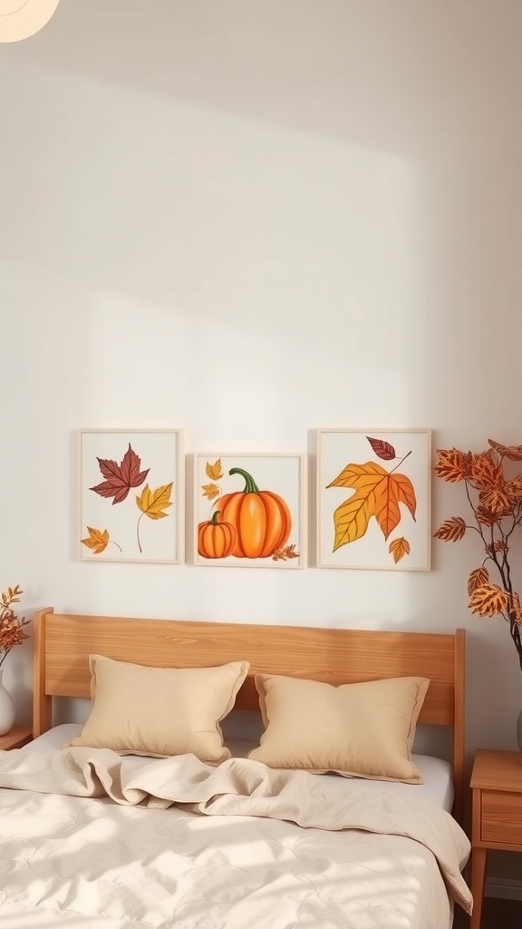 Autumn-inspired wall art featuring pumpkins and leaves in a bedroom setting.