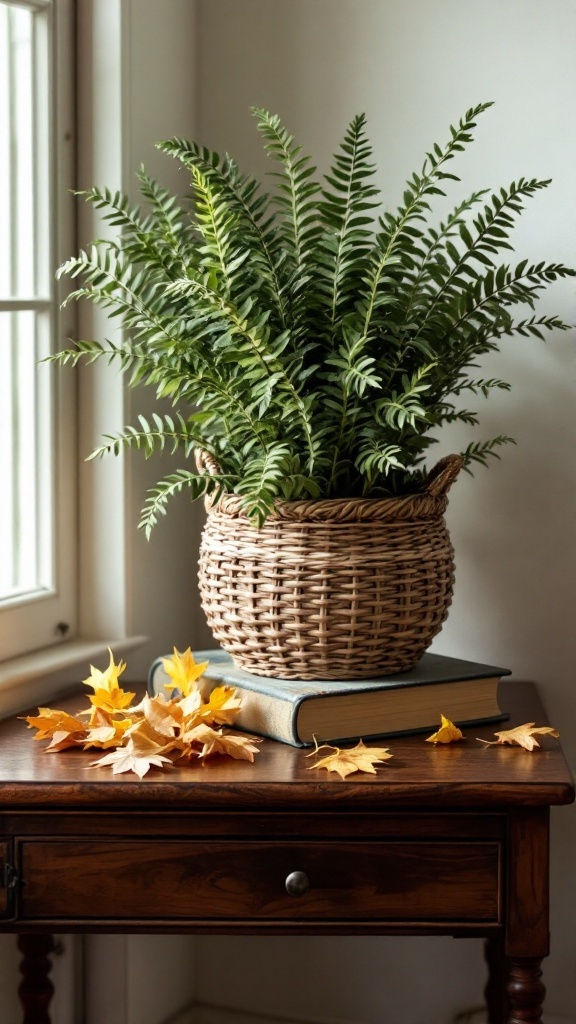 A lush asparagus fern in a woven basket on a wooden table with autumn leaves and books.