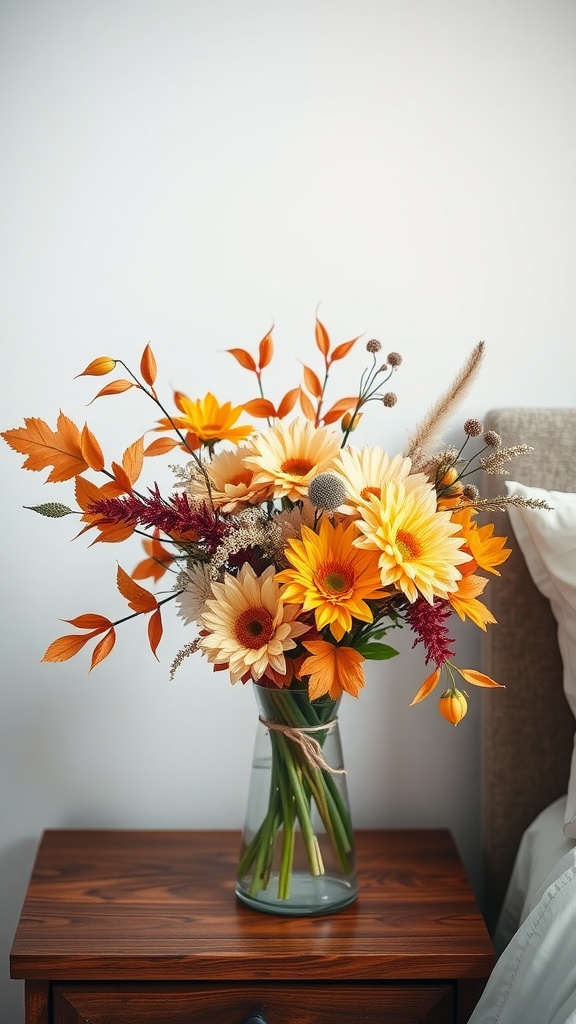 A vibrant autumn floral arrangement featuring sunflowers and orange leaves in a glass vase on a wooden nightstand.