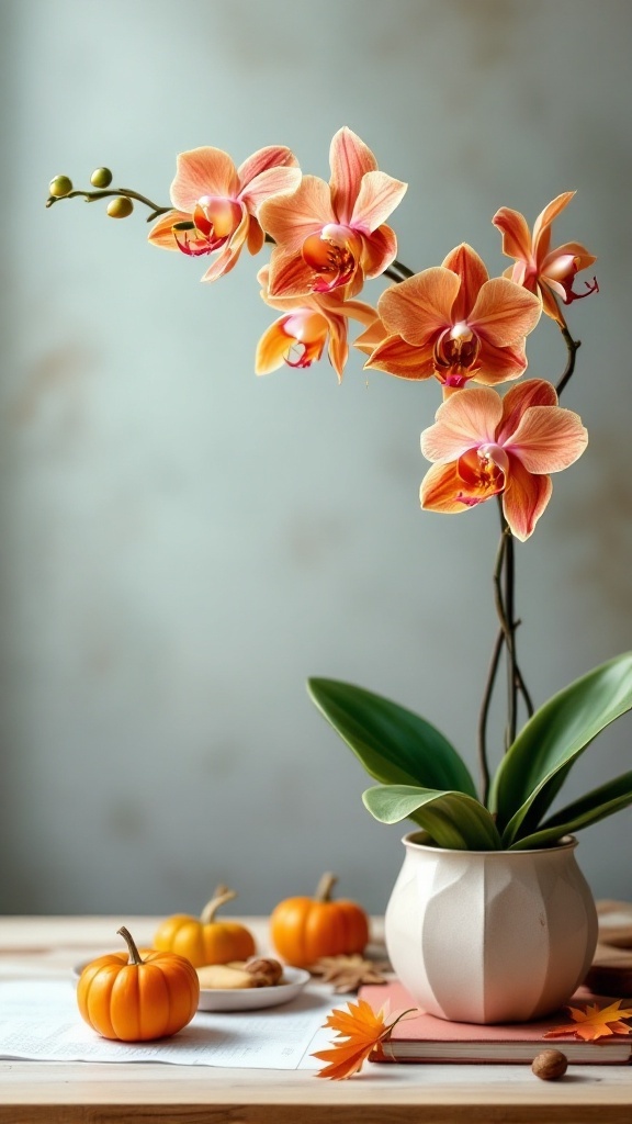 An elegant display of orange orchids in a vase with tiny pumpkins and autumn leaves on a wooden table.