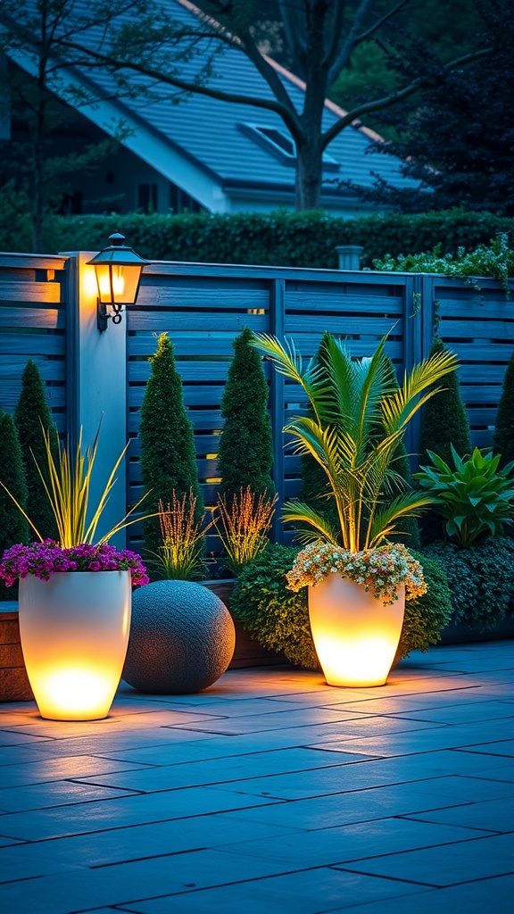 A patio scene featuring backlit planters with colorful plants illuminated at night.