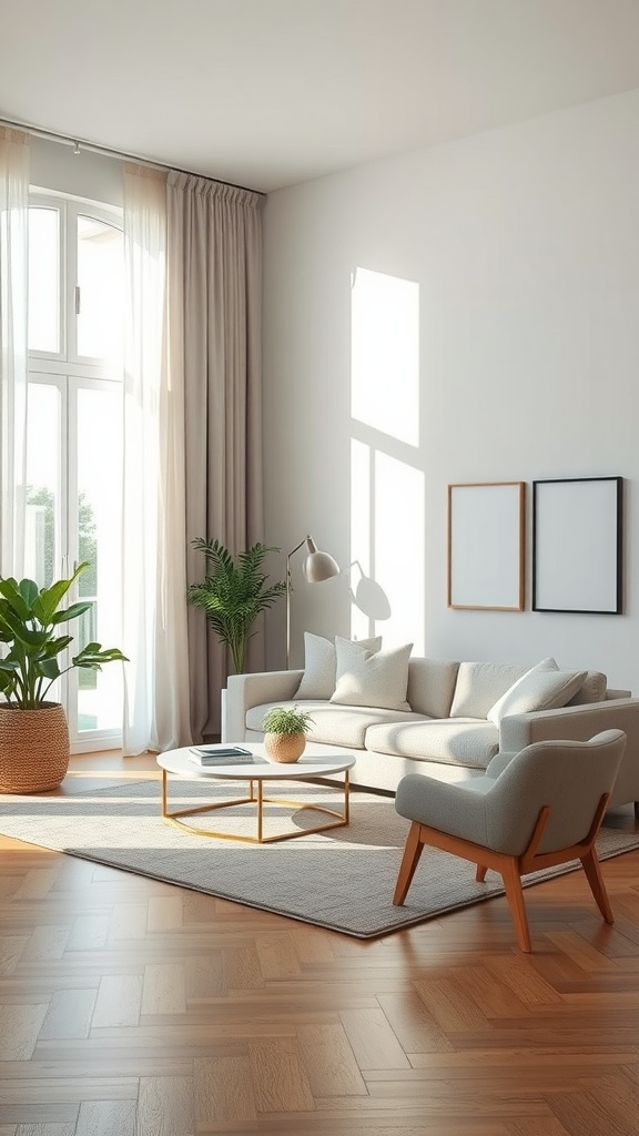 A bright and airy modern minimal neutral living room featuring light colors, natural light, and simple furniture.