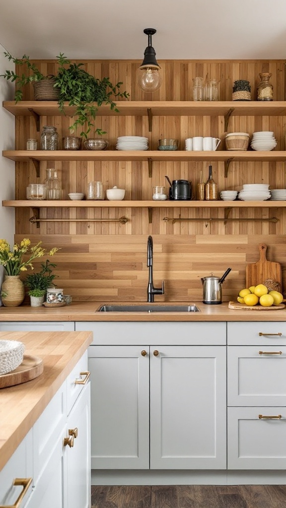 A modern kitchen with a bamboo backsplash, white cabinets, and open wooden shelves.