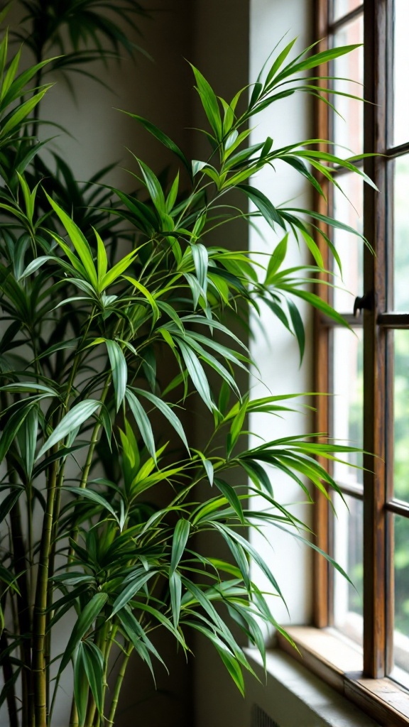 A Bamboo Palm plant next to a window, showcasing its tall stalks and green leaves.