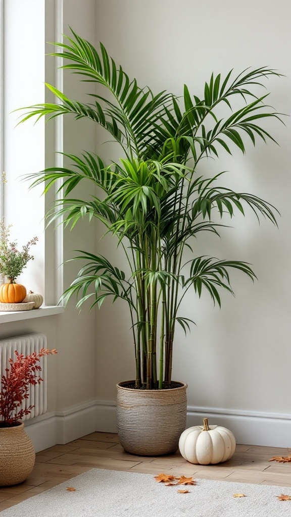 A bamboo palm in a home office setting, surrounded by autumn-themed decor including a white pumpkin and red foliage.