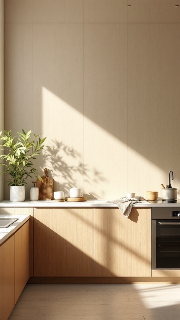 A kitchen featuring bamboo paneling with natural light and plants.