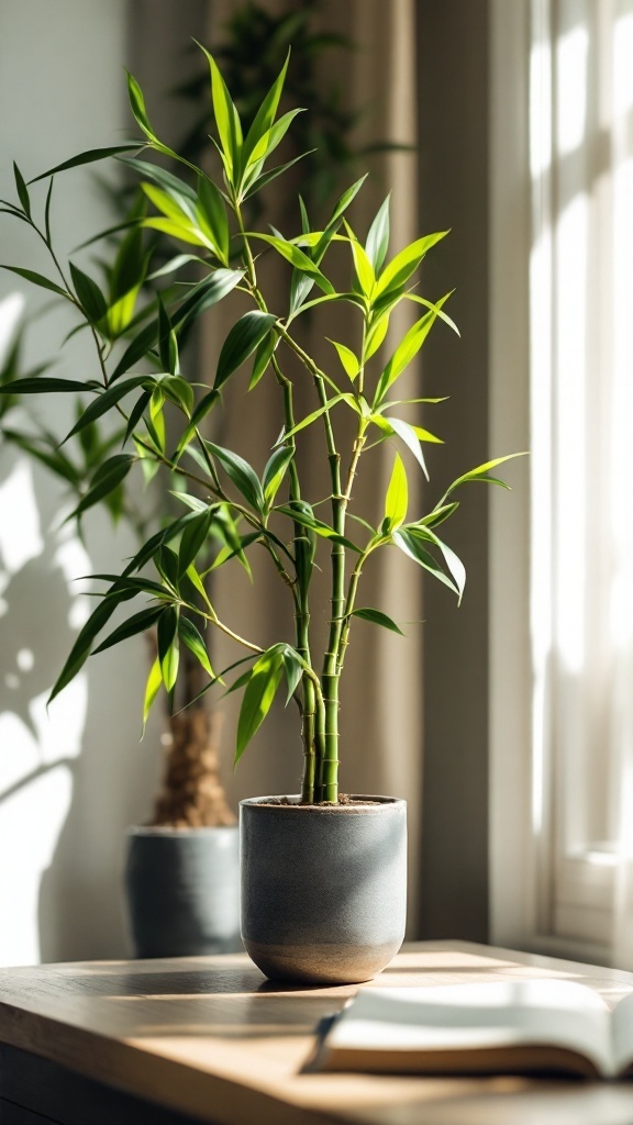 A bamboo plant in a modern gray pot, positioned on a wooden table beside a window.