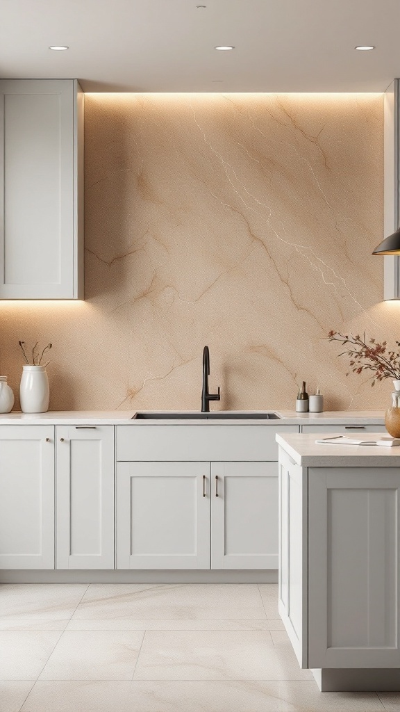 Modern kitchen with a beige quartz slab backsplash and light gray cabinets.