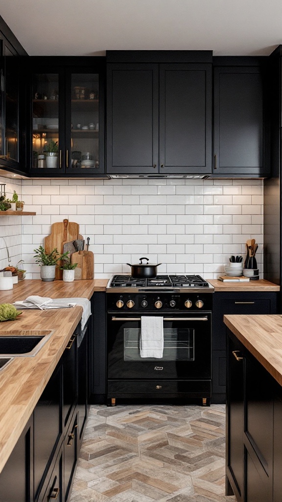 A modern kitchen showcasing black cabinets, white tiled backsplash, and wooden countertops.