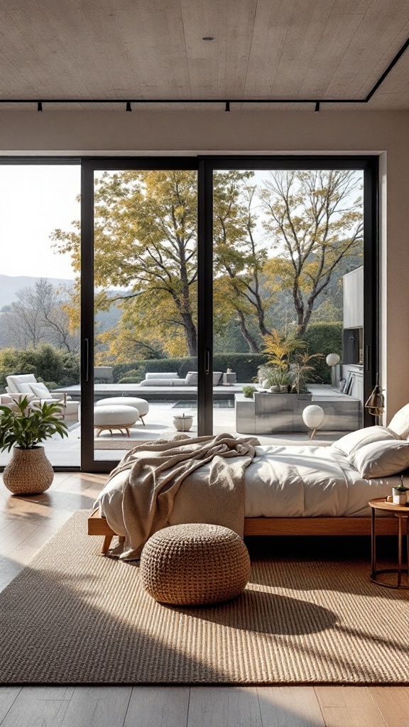 A bright Scandinavian bedroom with large glass doors opening to an outdoor space, featuring a cozy bed and natural decor.