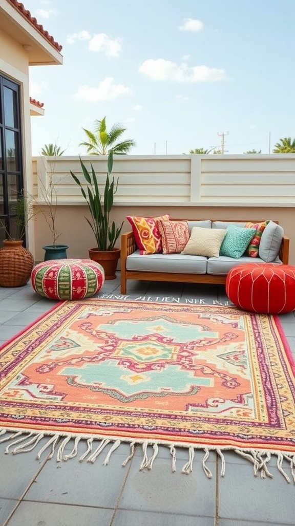 A colorful bohemian throw rug placed on a patio with a sofa and decorative pillows.