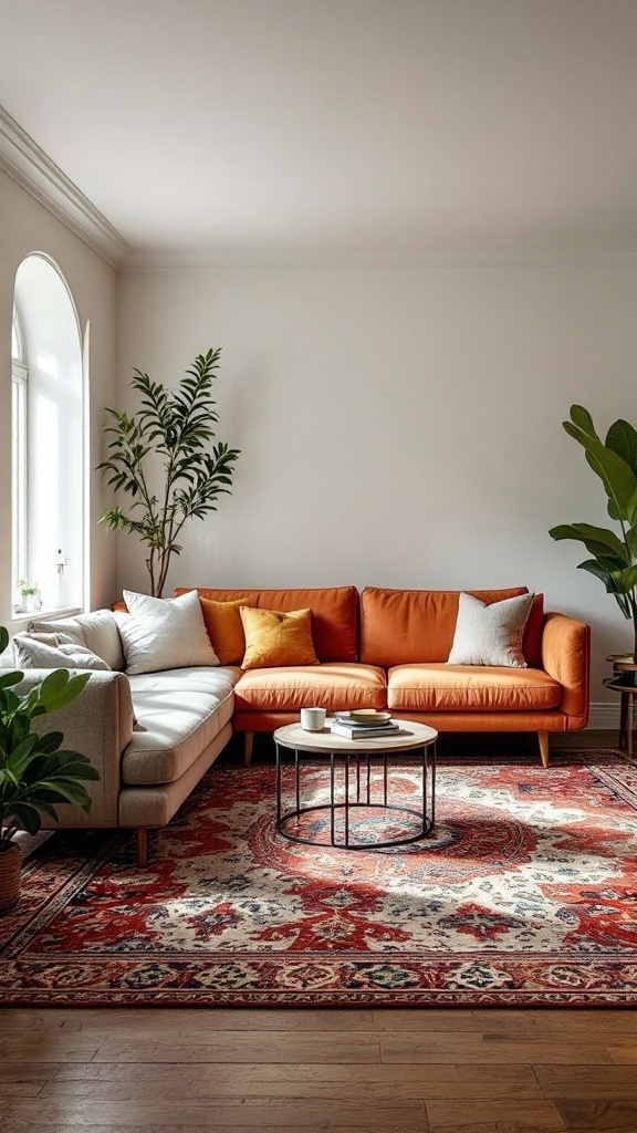 A living room with an orange couch, plants, and a bold area rug.