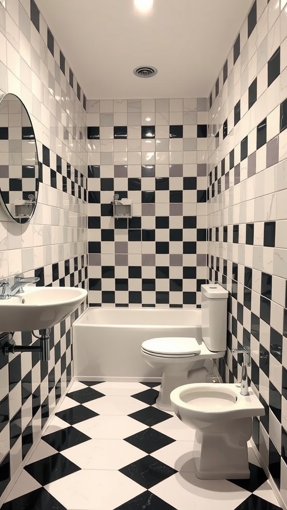 A modern bathroom featuring bold black and white checkerboard tiles on the walls and floor.