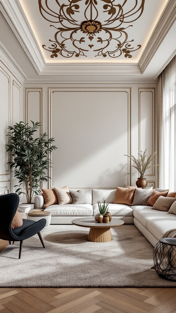 A stylish living room featuring a bold ceiling design with elegant patterns and neutral furniture.