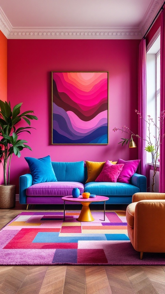 A vibrant living room featuring a pink wall, colorful couch, and a bold rug.