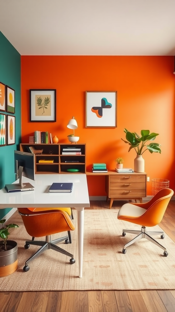 An office with bold color palettes featuring an orange wall and teal accents.