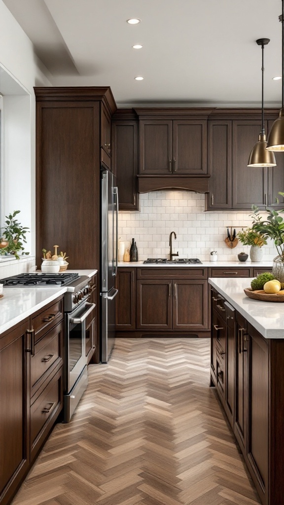 A modern kitchen featuring bold dark wood cabinets with a herringbone floor and stainless steel appliances.