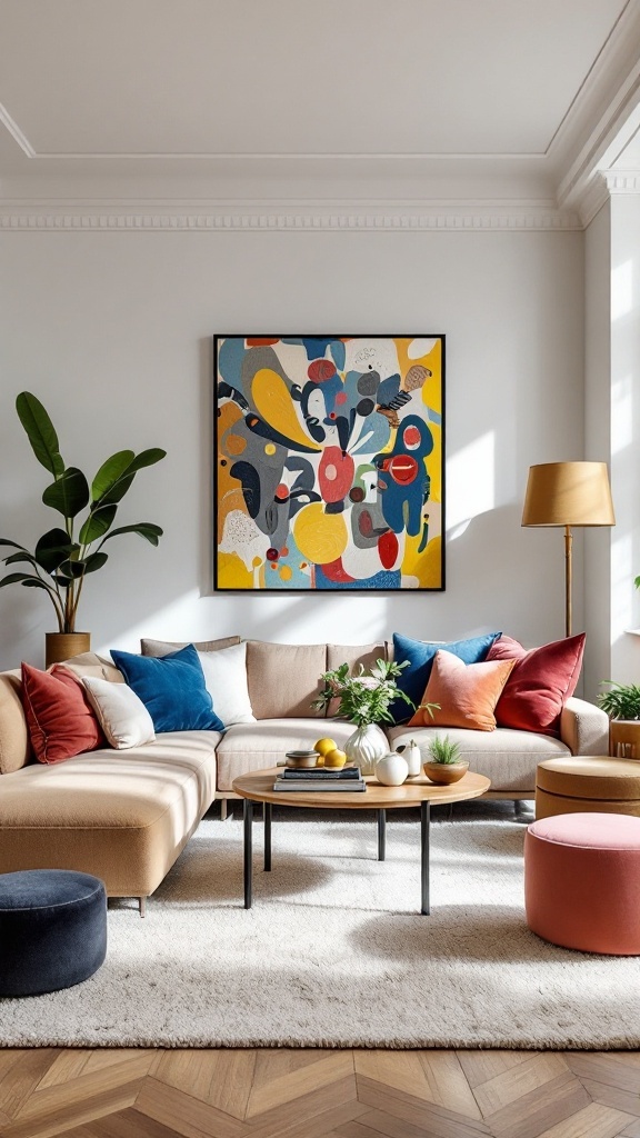 A vibrant and colorful living room featuring a sectional sofa, accent tables, and decorative pillows.