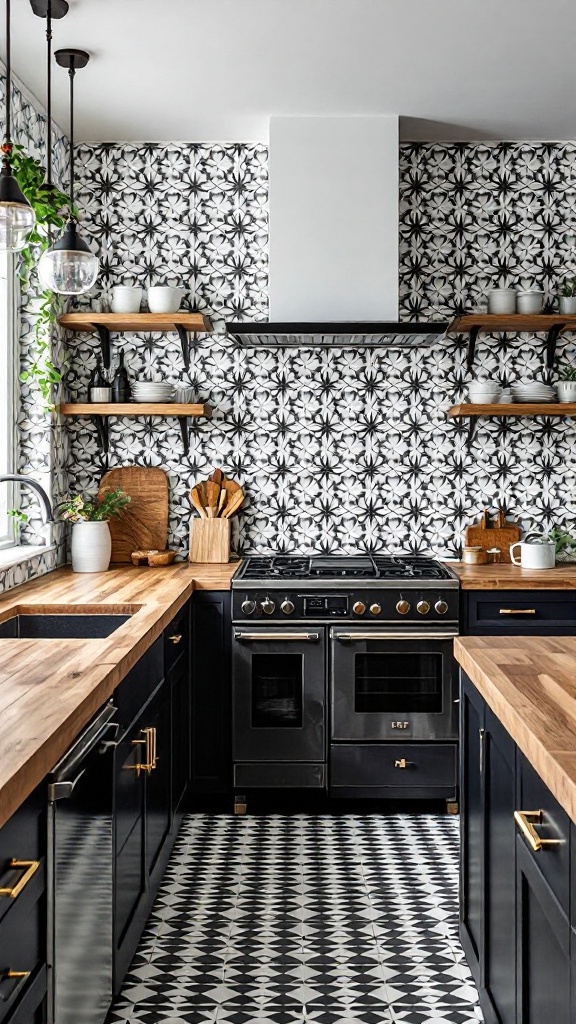 A modern kitchen featuring bold geometric black and white tile patterns on the walls and floor, with wooden countertops and shelves.